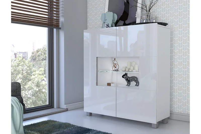 Frick Vitrinskåp Vit LED Belysning 35 cm djup 100 cm bred 107 cm hög Ljust Trä Glas - Vit Högglans/Vit Led-Belysning - Förvaring - Skåp - Vitrinskåp