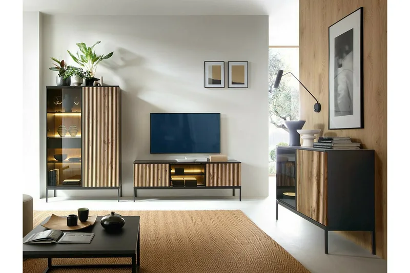 Klinkerville Lågt Vitrinskåp med belysning 39 cm djup 104 cm - Svart Trä / Glas / Ribbad - Förvaring - Skåp - Vitrinskåp