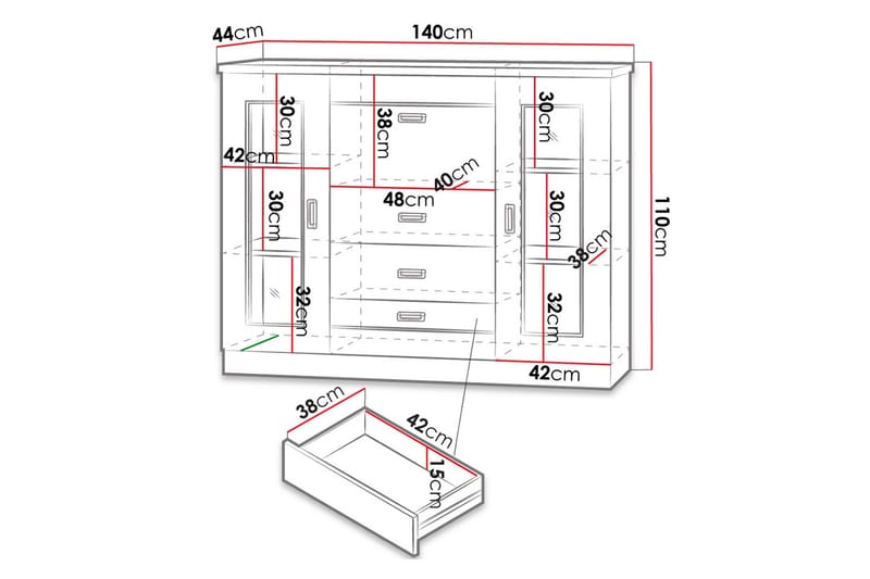 Tadeusz Lågt Vitrinskåp 44 cm djup 140 cm bred 110 cm hög Trä - Brun - Förvaring - Skåp - Vitrinskåp