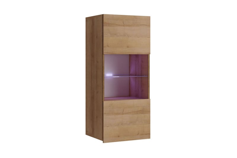 Tessan Vägghängt Vitrinskåp Blå LED Belysning 32 cm djup 45 cm bred 117 cm hög Trä Ek Glas - Gyllene Ek - Förvaring - Skåp - Vitrinskåp