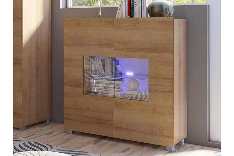 Tessan Vitrinskåp Vit LED Belysning 35 cm djup 100 cm bred 107 cm hög Ljust Trä Ek Glas - Gyllene Ek/Vit Led-Belysning - Förvaring - Skåp - Vitrinskåp