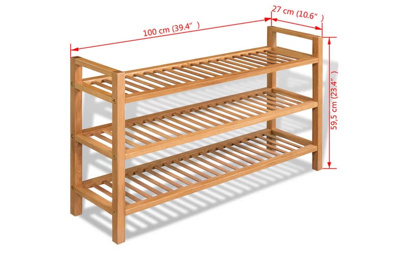 Skohylla med 3 hyllor 100x27x60 cm massiv ek - Brun - Förvaring - Skoförvaring