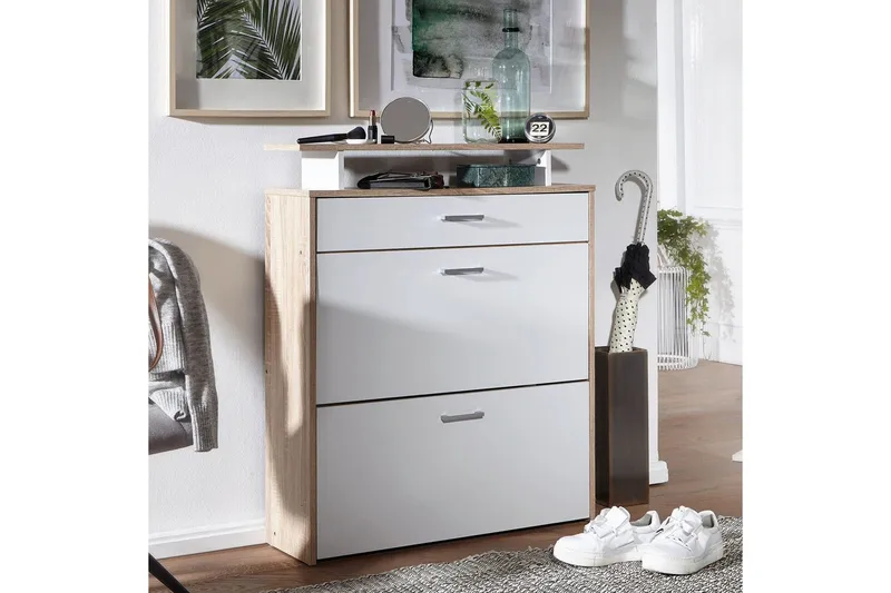 Skoskåp Wohnling Folierad spånskiva med förvaringshylla, 2 nedfällbara fack, 1 låda - Förvaring - Skoförvaring - Skoskåp