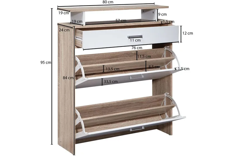 Skoskåp Wohnling Folierad spånskiva med förvaringshylla, 2 nedfällbara fack, 1 låda - Förvaring - Skoförvaring - Skoskåp