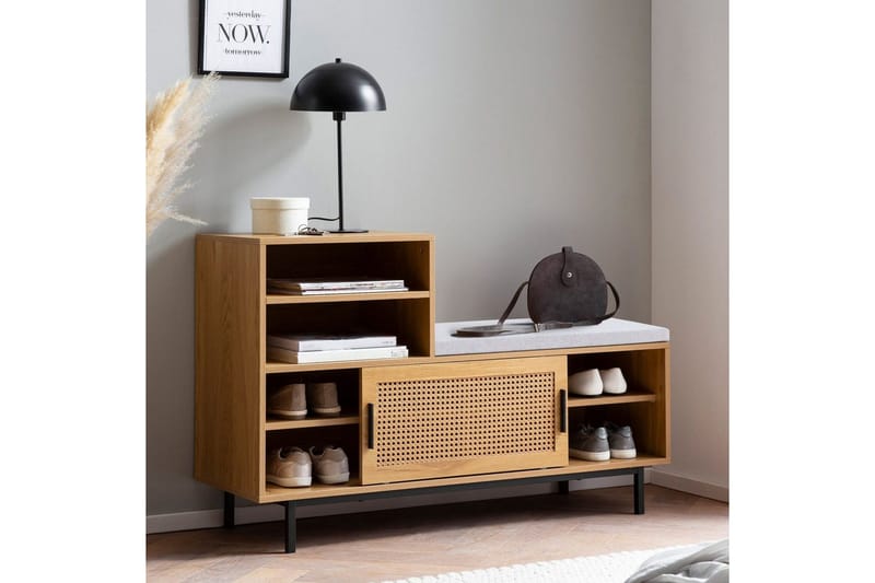 Skoskåp Wohnling Klädd Bänk med Skjutdörr Wiensk Korgmönstrad Optik Modern - Möbler - Stolar & fåtöljer - Sittbänk - Skobänk & skohylla med bänk