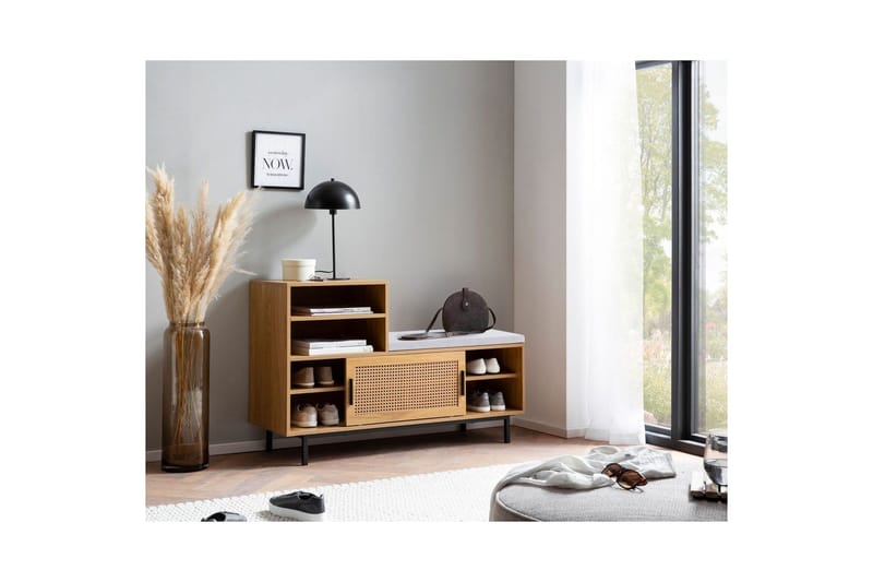 Skoskåp Wohnling Klädd Bänk med Skjutdörr Wiensk Korgmönstrad Optik Modern - Möbler - Stolar & fåtöljer - Sittbänk - Skobänk & skohylla med bänk