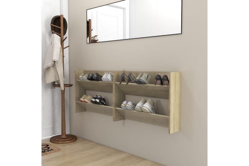 Väggmonterat skoställ 2 st sonoma-ek 80x18x60 cm spånskiva - Ek - Förvaring - Skoförvaring