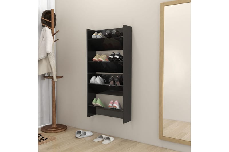 Väggmonterat skoställ 2 st svart högglans 60x18x60 cm spånsk - Svart högglans - Förvaring - Skoförvaring