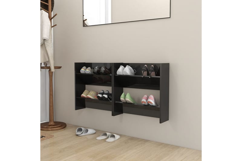Väggmonterat skoställ 2 st svart högglans 60x18x60 cm spånsk - Svart högglans - Förvaring - Skoförvaring