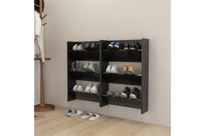 Väggmonterat skoställ 2 st svart högglans 60x18x90 cm spånsk - Svart högglans - Förvaring - Skoförvaring