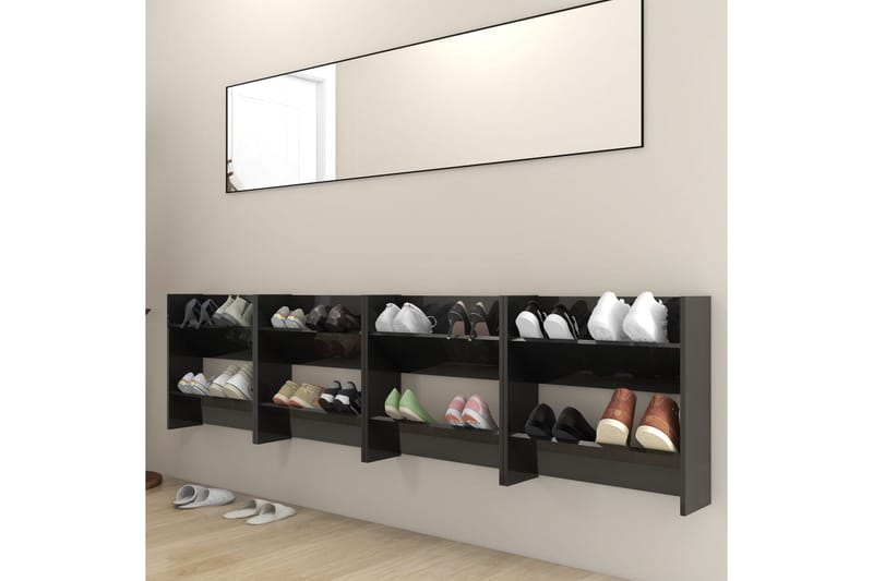 Väggmonterat skoställ 4 st svart högglans 60x18x60 cm spånsk - Svart högglans - Förvaring - Skoförvaring