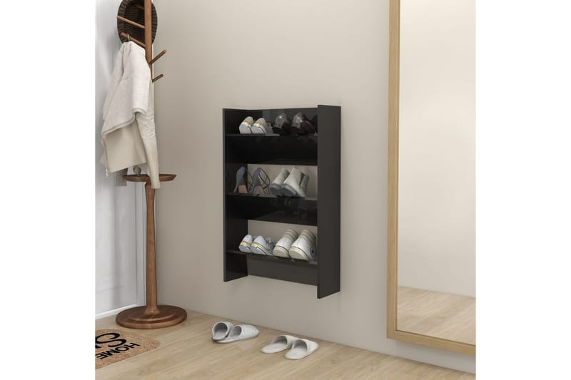 Väggmonterat skoställ svart högglans 60x18x90 cm spånskiva - Svart högglans - Förvaring - Skoförvaring