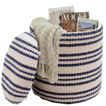 Öster Rund sittpuff med förvaring i bomull - beige, mörkblå - Förvaring - Småförvaring - Förvaringskorgar - Flätad korg & rottingkorg