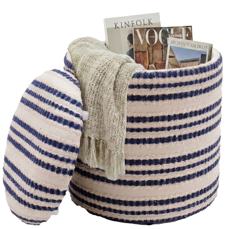Öster Rund sittpuff med förvaring i bomull - beige, mörkblå - Förvaring - Småförvaring - Förvaringskorgar - Flätad korg & rottingkorg