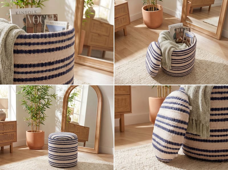Öster Rund sittpuff med förvaring i bomull - beige, mörkblå - Förvaring - Småförvaring - Förvaringskorgar - Flätad korg & rottingkorg