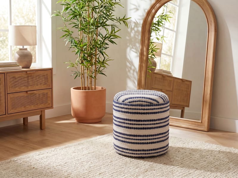 Öster Rund sittpuff med förvaring i bomull - beige, mörkblå - Förvaring - Småförvaring - Förvaringskorgar - Flätad korg & rottingkorg