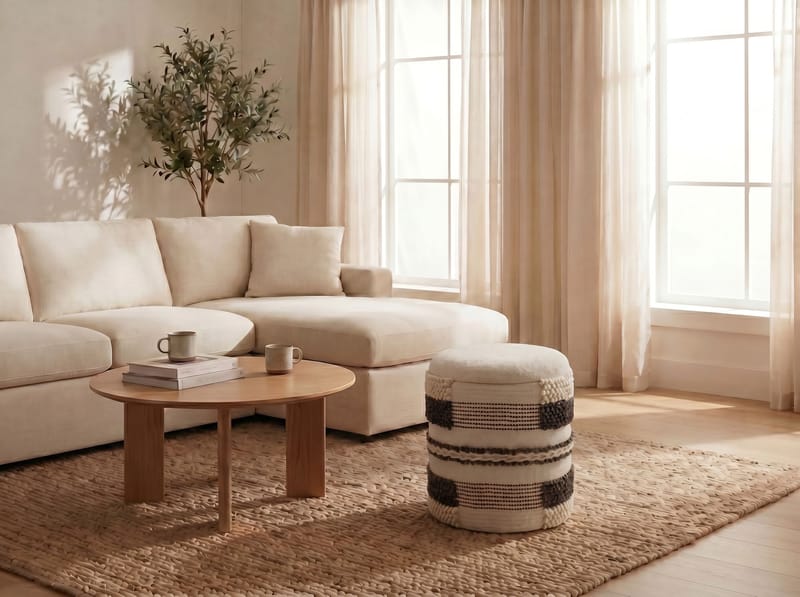 Virek Rund sittpuff med förvaring i ulltyg - beige - Förvaring - Småförvaring - Förvaringskorgar - Flätad korg & rottingkorg
