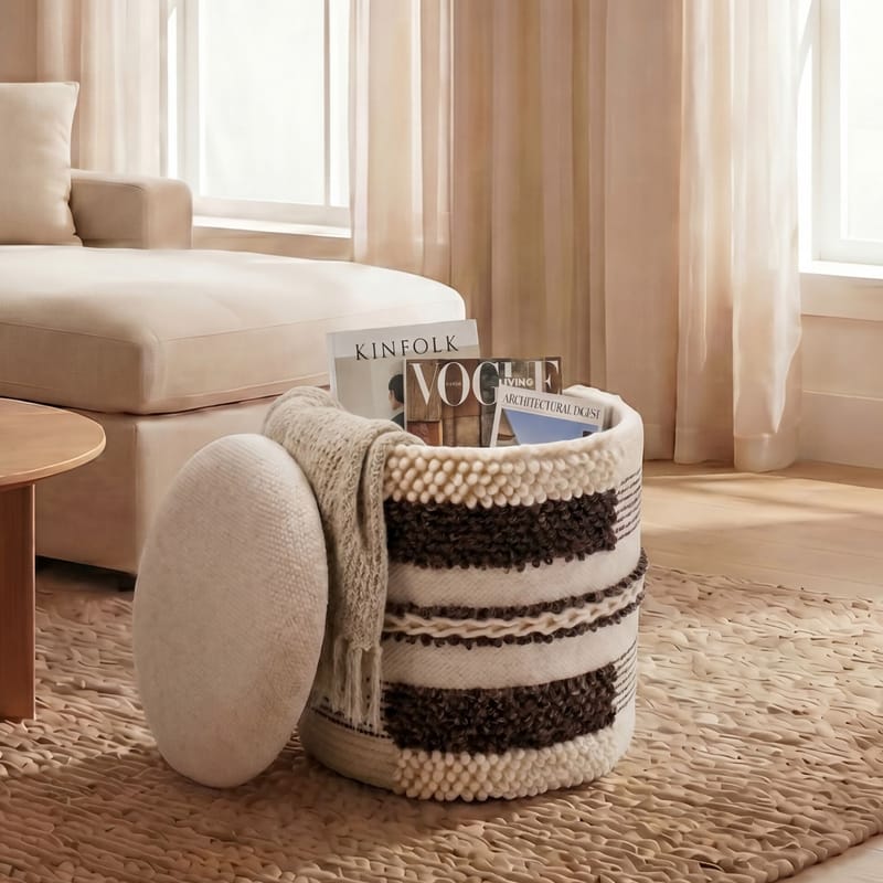 Virek Rund sittpuff med förvaring i ulltyg - beige - Förvaring - Småförvaring - Förvaringskorgar - Flätad korg & rottingkorg