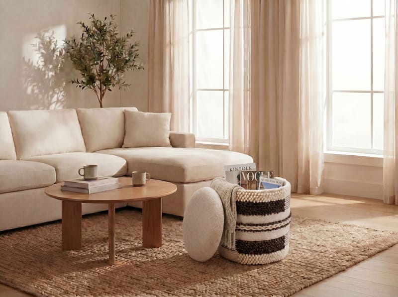 Virek Rund sittpuff med förvaring i ulltyg - beige - Förvaring - Småförvaring - Förvaringskorgar - Flätad korg & rottingkorg