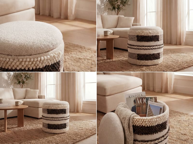 Virek Rund sittpuff med förvaring i ulltyg - beige - Förvaring - Småförvaring - Förvaringskorgar - Flätad korg & rottingkorg