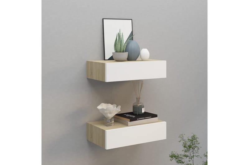 Vägglådor ek och vit 2 st 40x23,5x10 cm MDF - Beige/Vit - Förvaring - Småförvaring - Förvaringslåda