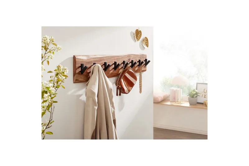 Kapprum Wohnling Väggmonterad klädhängare med 8 metallkrokar, knuttigt massivt trä - Förvaring - Klädförvaring - Klädhängare