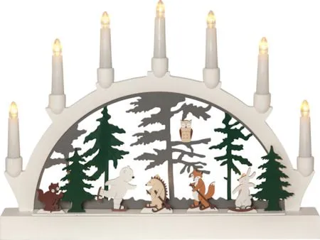 Adventsljusstake Forest Friends 45x33 cm 7 ljus Batteridriven, Vit / Grön / Brun