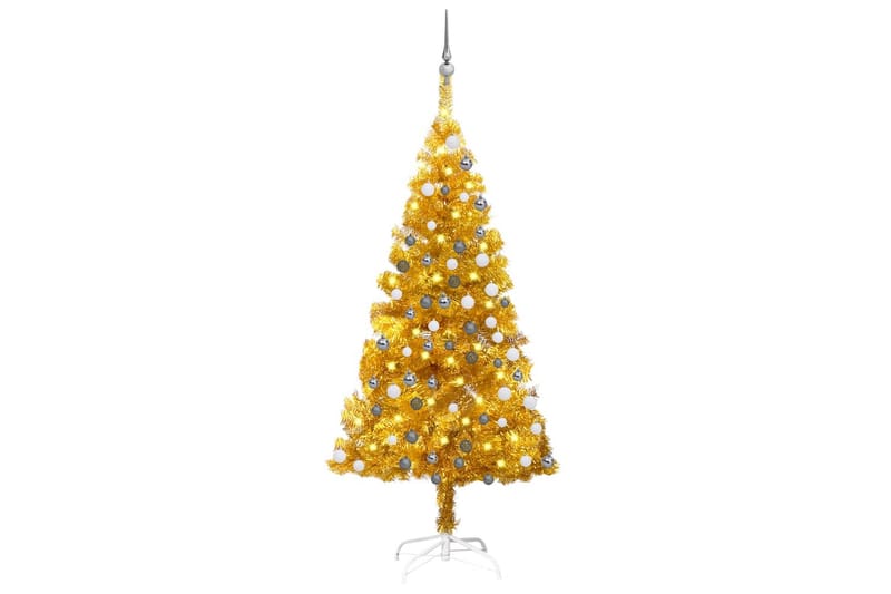 Plastgran med LED och julgranskulor guld 150 cm PET - Plastgran