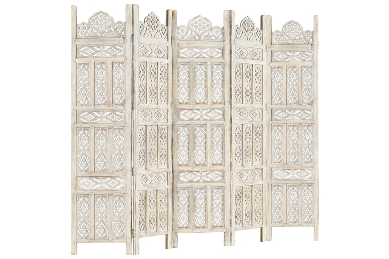 Rumsavdelare 5 paneler handsnidad vit 200x165 cm mangoträ - Vit - Inredning - Rumsavdelare - Skärmvägg