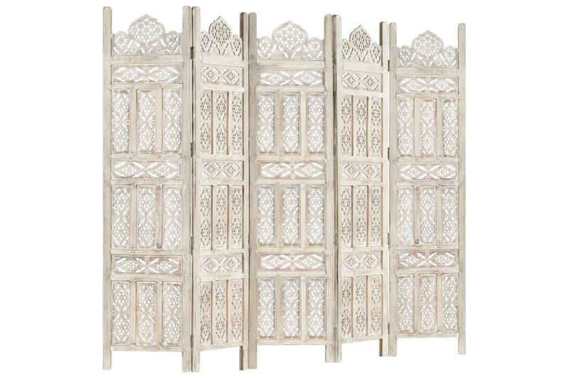 Rumsavdelare 5 paneler handsnidad vit 200x165 cm mangoträ - Vit - Inredning - Rumsavdelare - Skärmvägg