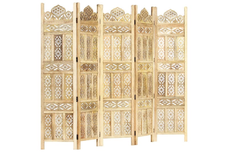 Rumsavdelare 5 paneler handsnidad 200x165 cm massivt mangotr - Brun - Inredning - Rumsavdelare - Skärmvägg