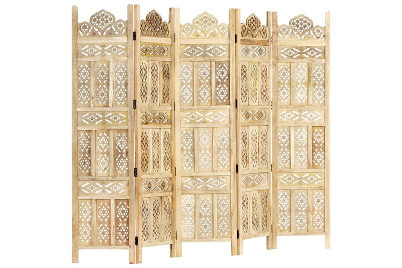Rumsavdelare 5 paneler handsnidad 200x165 cm massivt mangotr - Brun - Inredning - Rumsavdelare - Skärmvägg