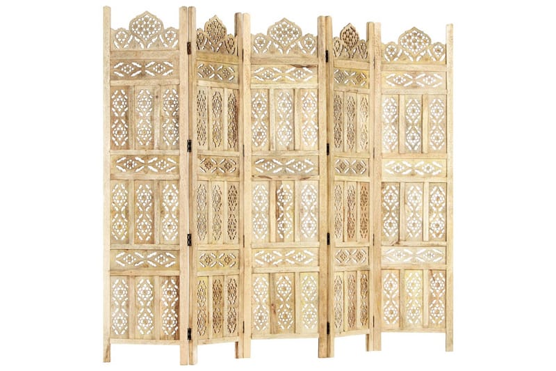 Rumsavdelare 5 paneler handsnidad 200x165 cm massivt mangotr - Brun - Inredning - Rumsavdelare - Skärmvägg