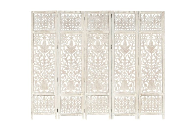 Rumsavdelare 5 paneler handsnidad vit 200x165 cm mangoträ - Vit - Skärmvägg - Rumsavdelare