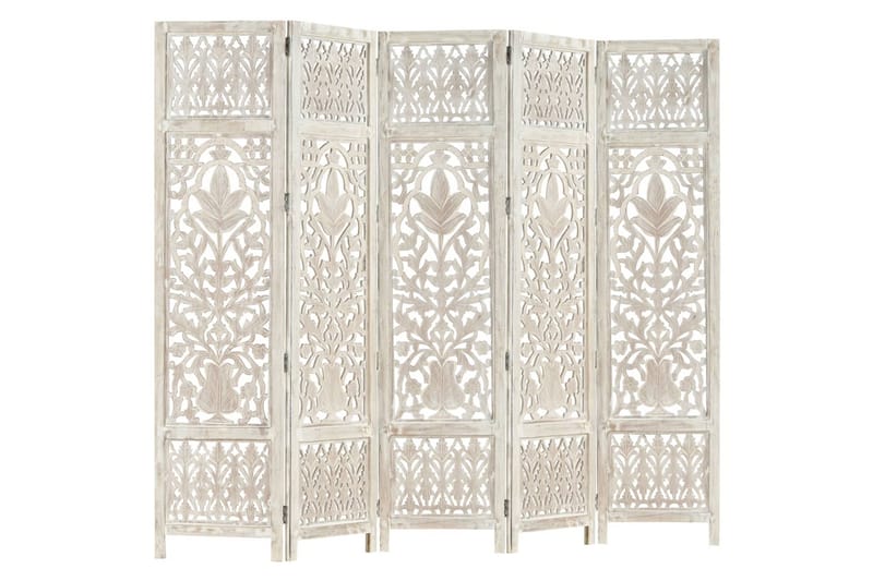 Rumsavdelare 5 paneler handsnidad vit 200x165 cm mangoträ - Vit - Inredning - Rumsavdelare - Skärmvägg
