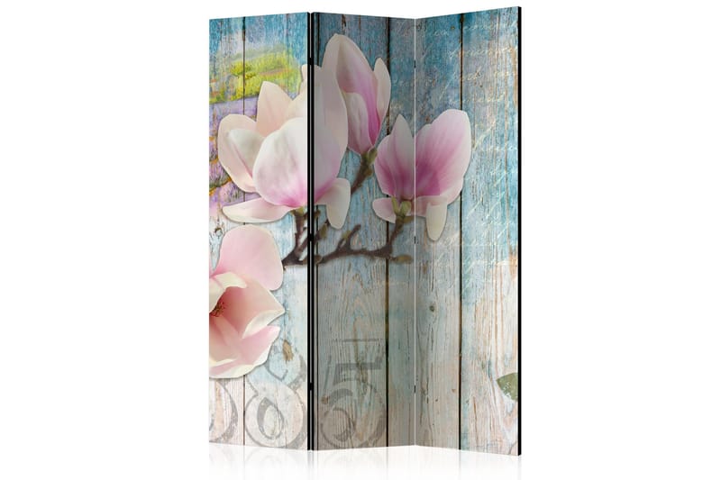 Rumsavdelare - Pink Flowers on Wood 135x172, Artgeist sp. z o. o.