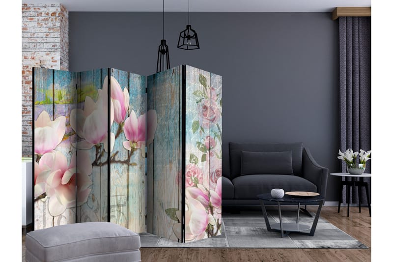 Rumsavdelare - Pink Flowers on Wood II 225x172 - Artgeist sp. z o. o. - Inredning - Rumsavdelare - Vikskärm