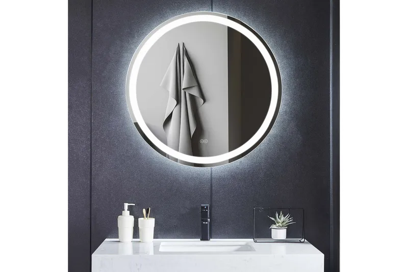 Badrumsspegel Rund 80 cm med LED-belysning, anti-fog och dimmer, Lyfco