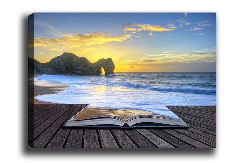 Canvastavla - Öppen bok med en strand och solnedgång i bakgrunden, Blå / Gyllene / Beige