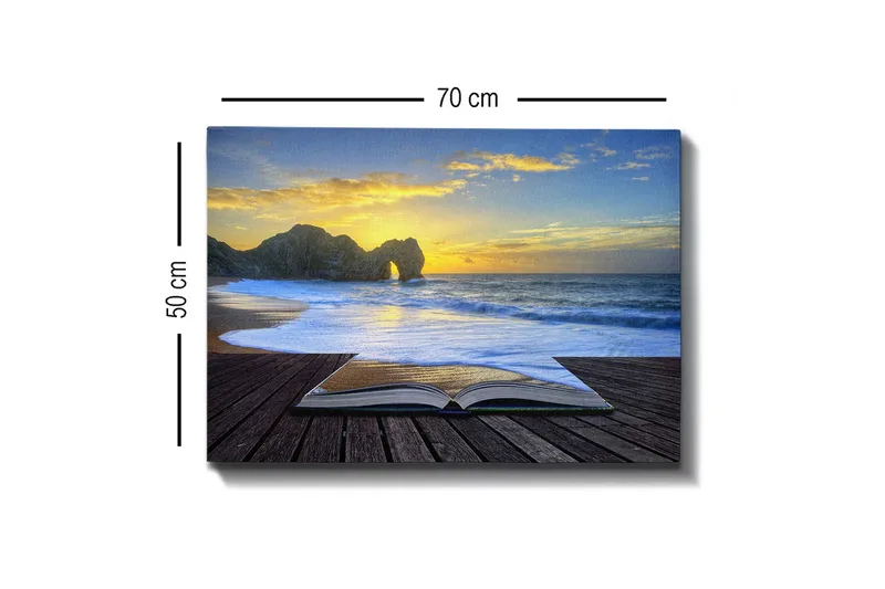 Canvastavla - Öppen bok med en strand och solnedgång i bakgrunden - Blå / Gyllene / Beige - Inredning - Tavlor & konst - Canvastavlor