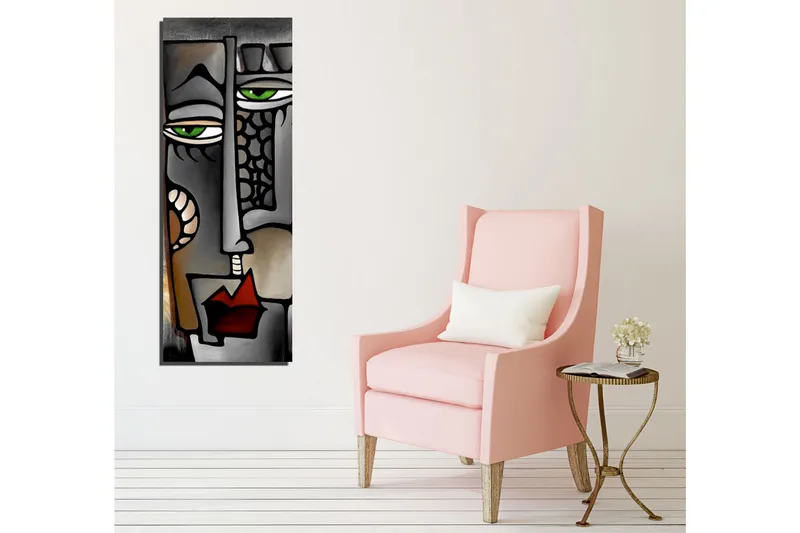 Canvastavla 30x80 cm - Abstrakt ansikte med gröna ögon - Grå / Svart / Röd - Inredning - Tavlor & konst - Canvastavlor