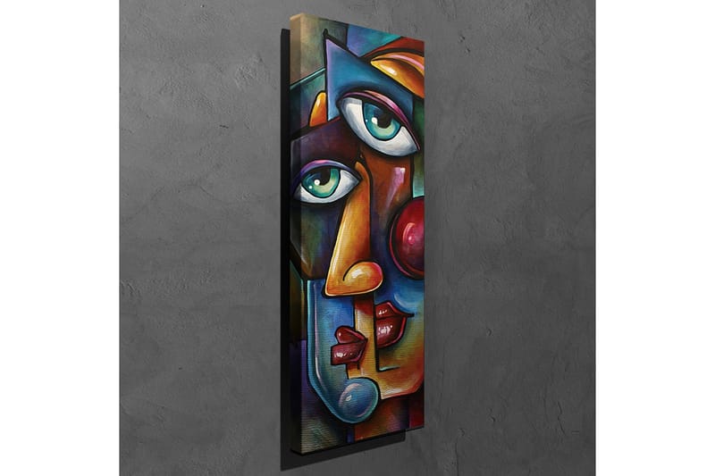 Canvastavla 30x80 cm - Abstrakt porträtt med två ansikten som sammanflätas - Mörkblå / Röd / Beige - Inredning - Tavlor & konst - Canvastavlor