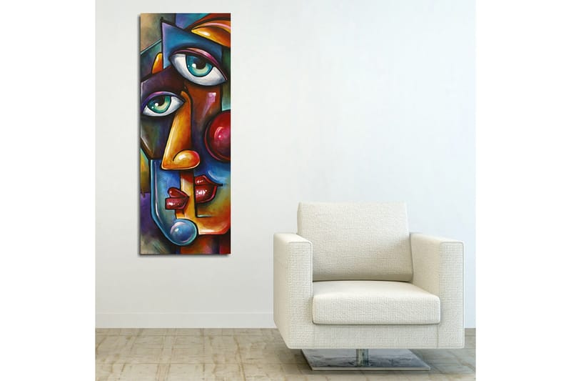 Canvastavla 30x80 cm - Abstrakt porträtt med två ansikten som sammanflätas - Mörkblå / Röd / Beige - Inredning - Tavlor & konst - Canvastavlor