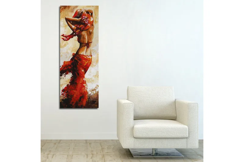 Canvastavla 30x80 cm - Dansande kvinna med röd klänning - Röd / Beige / Brun - Inredning - Tavlor & konst - Canvastavlor