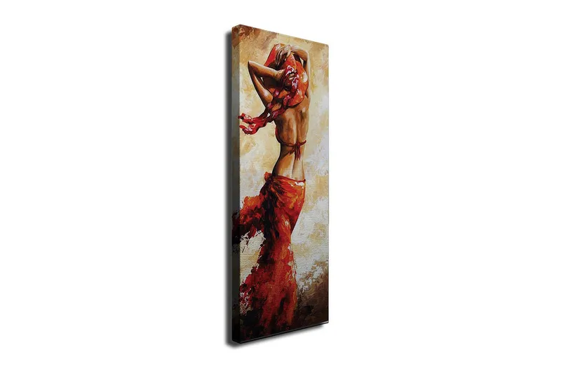 Canvastavla 30x80 cm - Dansande kvinna med röd klänning, Röd / Beige / Brun
