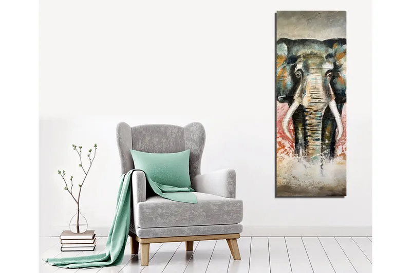 Canvastavla 30x80 cm - Elefant med färgstarka detaljer i bakgrunden - Grön / Orange / Röd - Inredning - Tavlor & konst - Canvastavlor