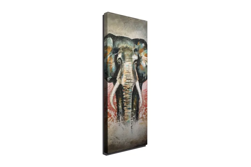 Canvastavla 30x80 cm - Elefant med färgstarka detaljer i bakgrunden, Grön / Orange / Röd