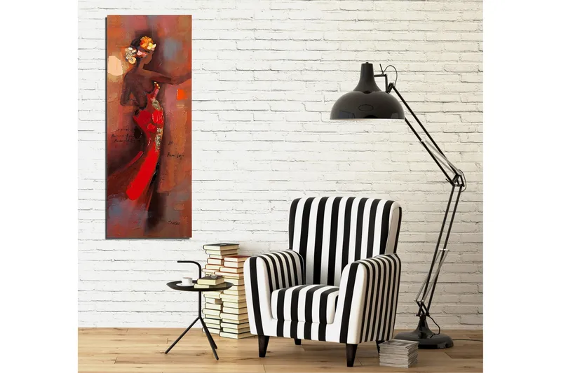 Canvastavla 30x80 cm - Elegant kvinna i röd klänning med blommor i håret - Röd / Brun / Beige - Inredning - Tavlor & konst - Canvastavlor