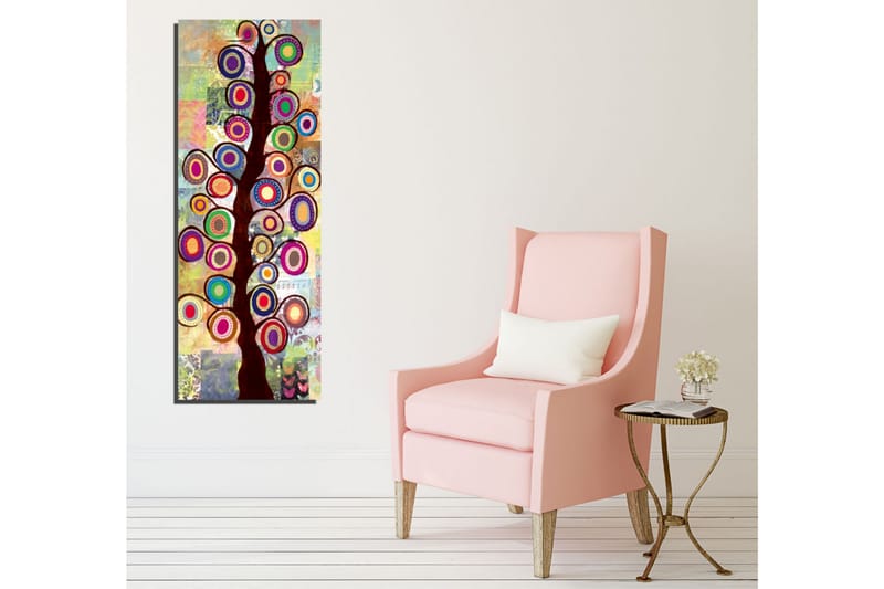 Canvastavla 30x80 cm - Färgglad trädkonst med cirkulära bladverk - Mörkbrun / Ceruleanblå / Lila - Inredning - Tavlor & konst - Canvastavlor