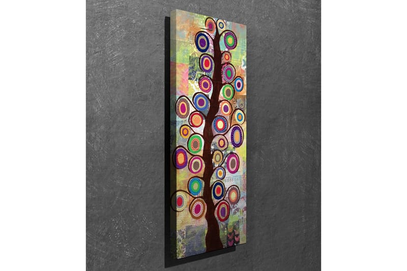 Canvastavla 30x80 cm - Färgglad trädkonst med cirkulära bladverk - Mörkbrun / Ceruleanblå / Lila - Inredning - Tavlor & konst - Canvastavlor